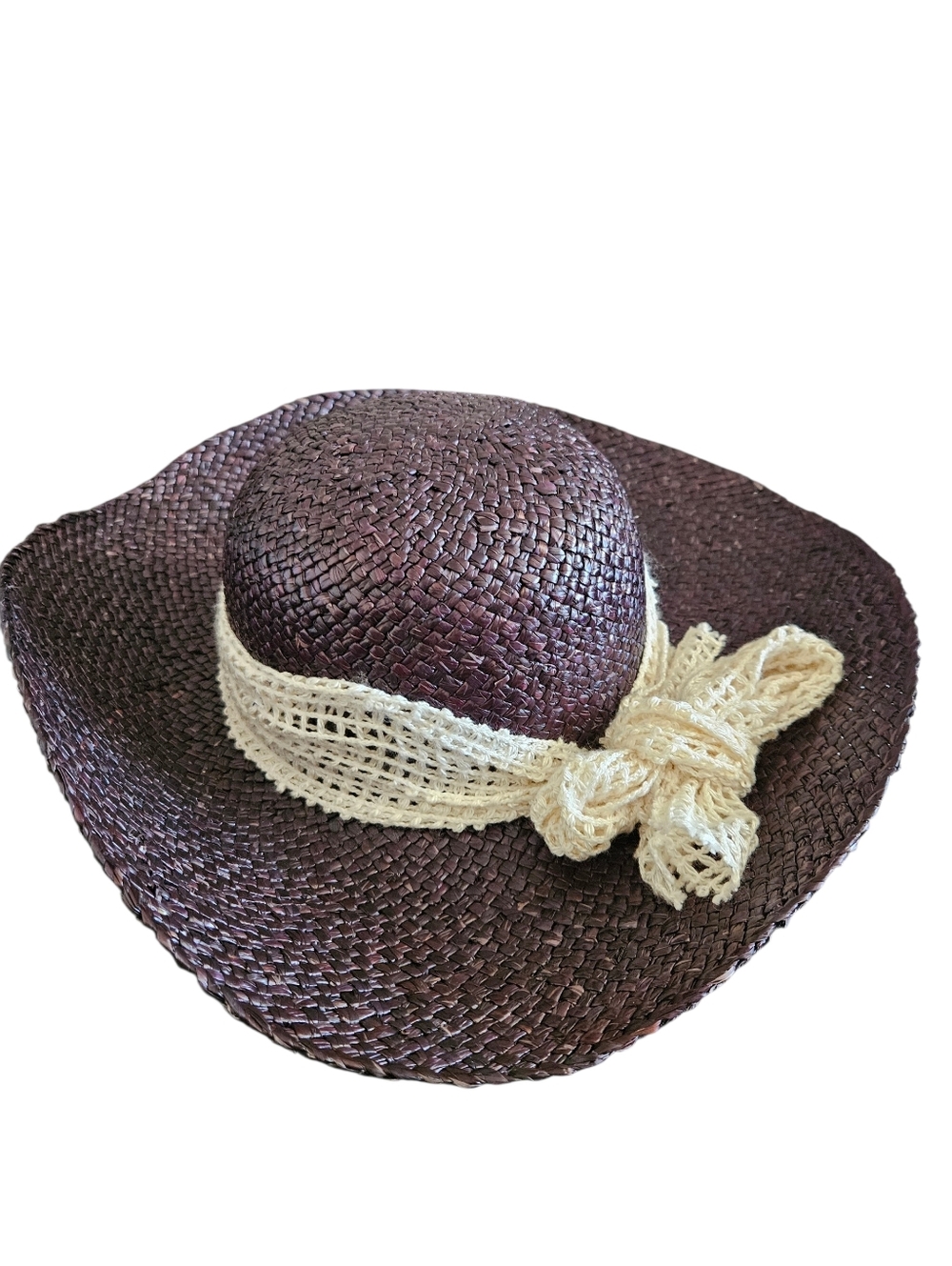 Women's Vintage Brown Straw Cottagecore Sun Hat with Cream Bow Size M